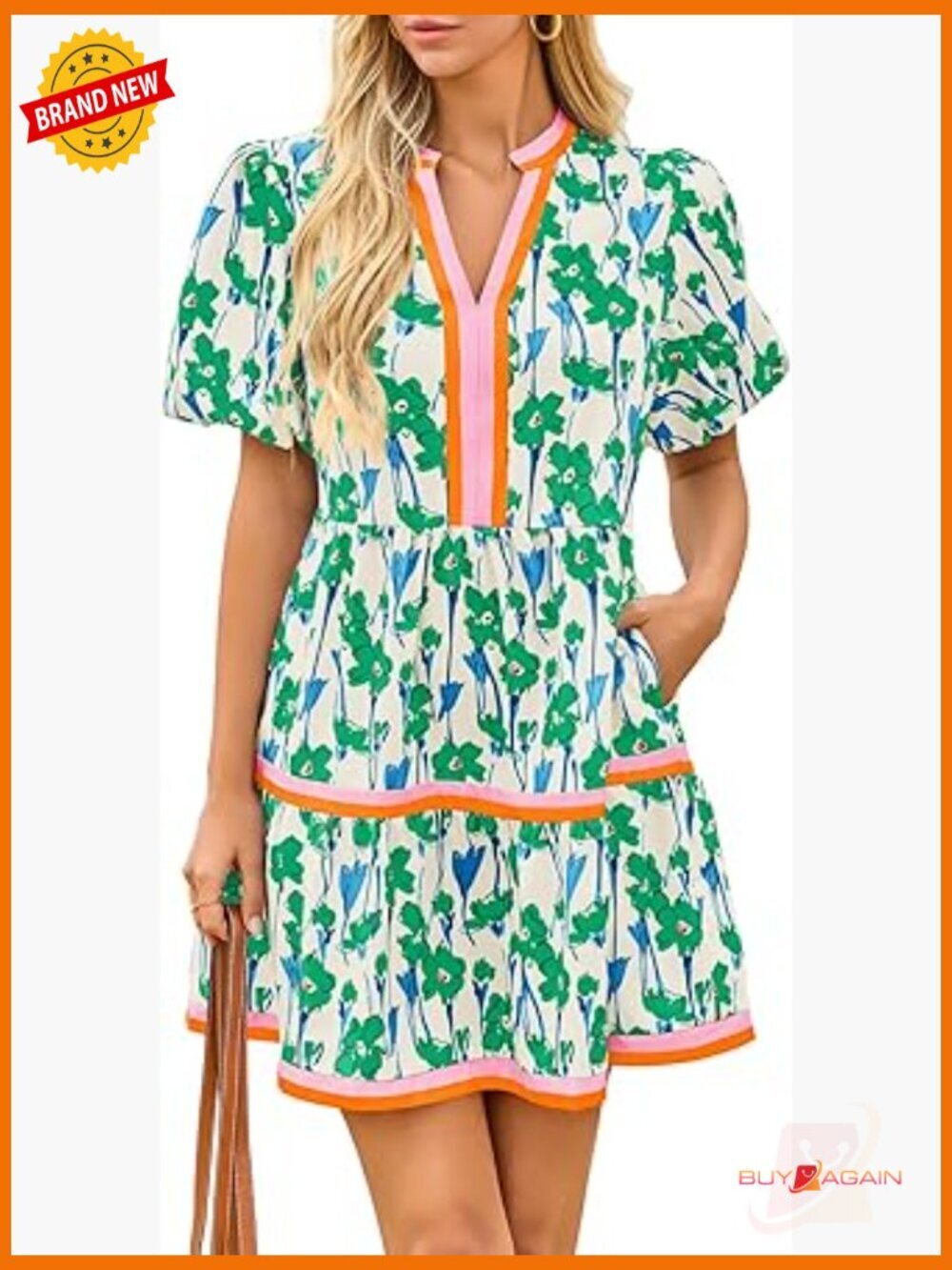 Women's Floral V-Neck Mini Dress with Puff Sleeves